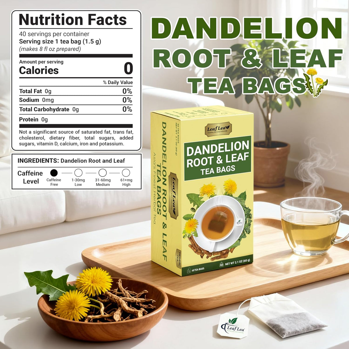 LeafLea Dandelion Root & Leaf Tea Bags, Gut Health Support, 160 Count