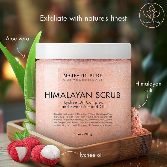 Majestic Pure Himalayan Salt Body Scrub, Lychee Oil Exfoliant, 10 Oz