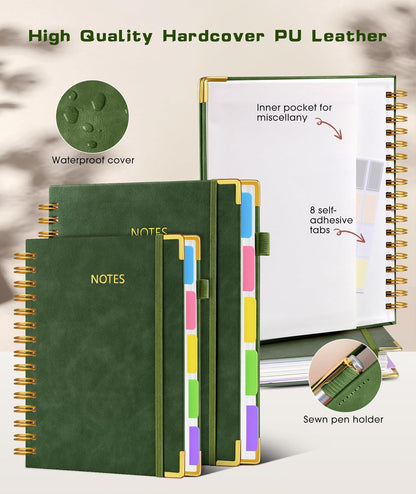 Hardcover Spiral Notebook journal with Removable Dividers Tabs, 300 Pages Leather 5 Subject Notebook College Ruled, 8"x10" Large B5 Notebooks for Work School Note taking, Lined Journal for Women,Black