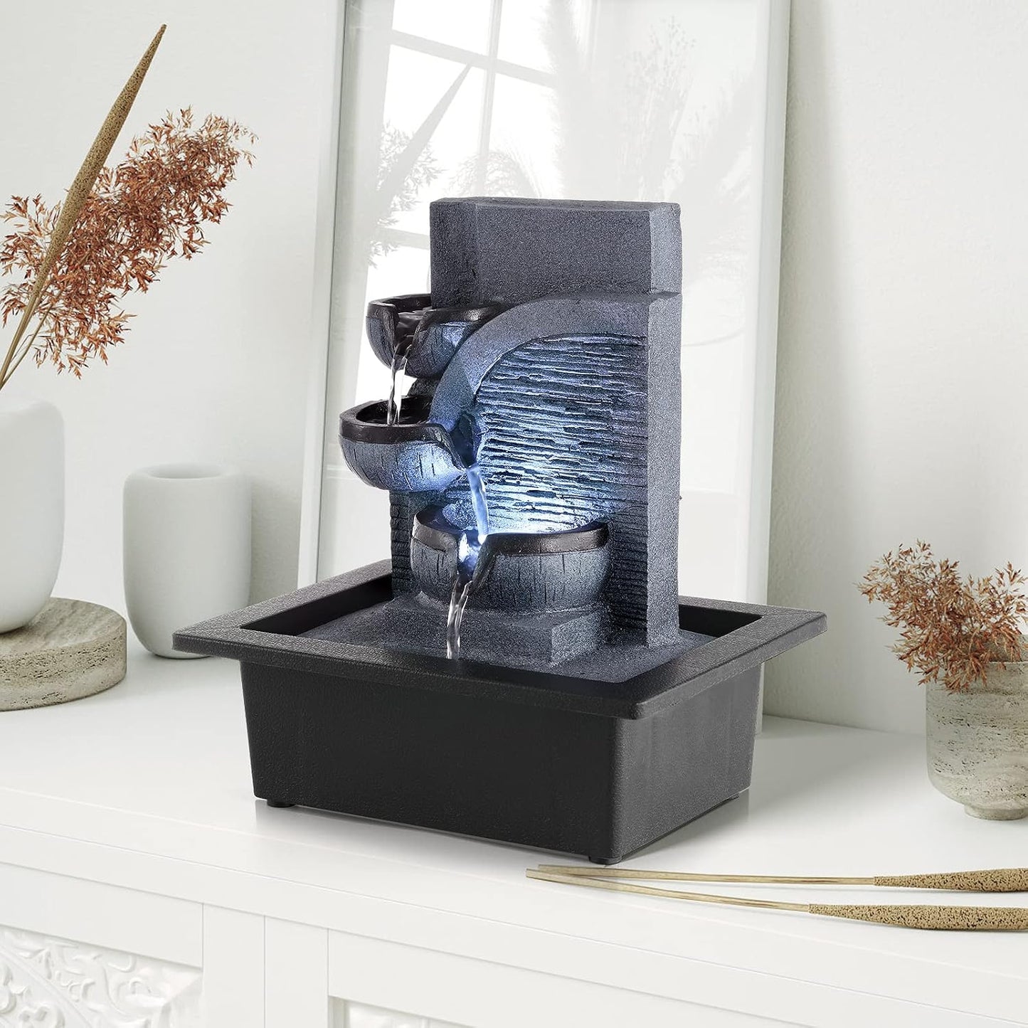 WICHEMI Indoor Fountain Tabletop Fountain Waterfall Fountains Stacked Rocks | Desktop Fountain With LED Light, Soothing Sound, Stress Relief, Humidifies Air, No Plumbing, Easy Setup, 11.8"X8.7"X5.9"