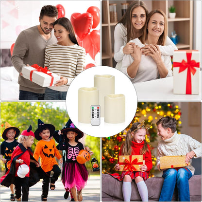 Flameless Candles 4" 5" 6" Set of 3 Outdoor Indoor Ivory Pillars Battery Operated Flickering Candles with Cozy Climbing Flame Effect, 8-Key Remote Timer, Plastic LED Candles for Wedding Decor