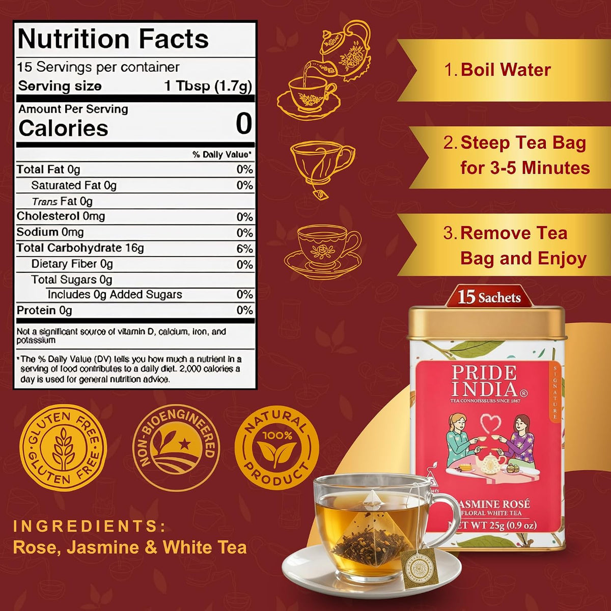 Pride of India Jasmine Rose Floral White Tea – 15 Pyramid Tea Bags | Individually Wrapped Full Leaf White Tea with Rose & Jasmine | Sweet Flavor Low Caffeine Tea for Smooth Calming Experience