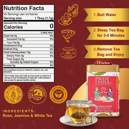 Pride of India Jasmine Rose Floral White Tea – 15 Pyramid Tea Bags | Individually Wrapped Full Leaf White Tea with Rose & Jasmine | Sweet Flavor Low Caffeine Tea for Smooth Calming Experience