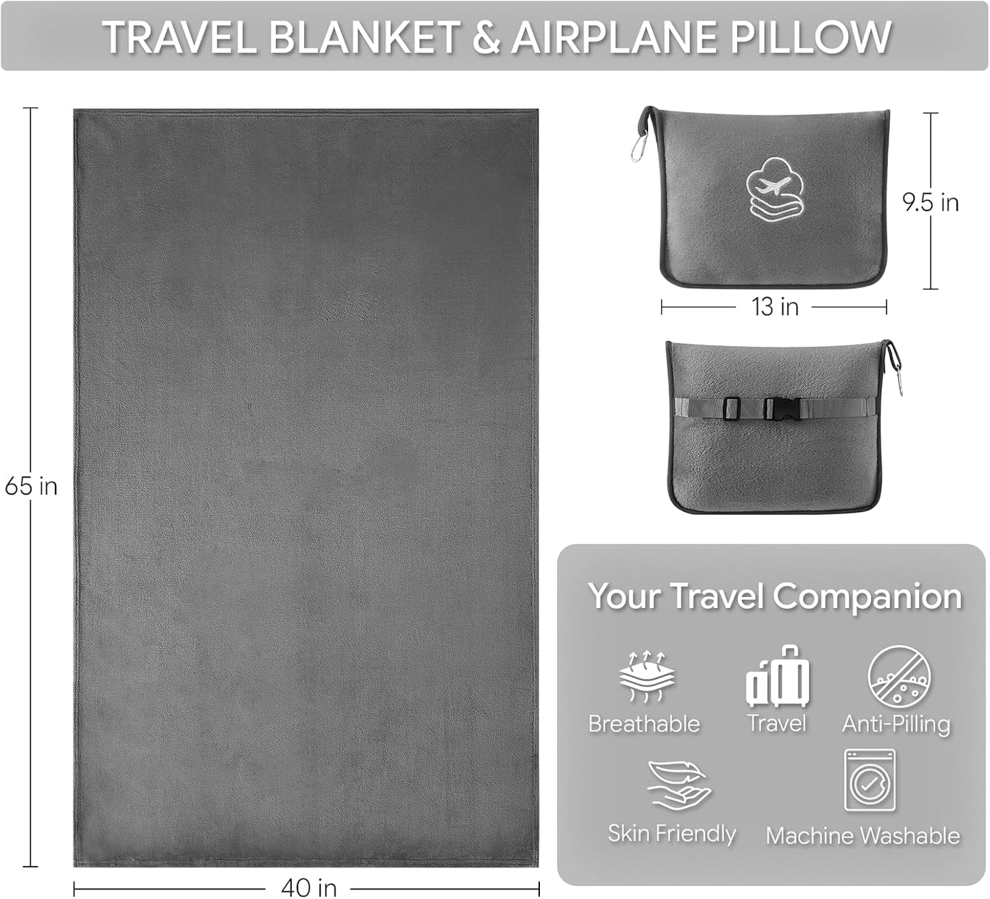 Travel Blanket, Soft 2-in-1 Airplane Blanket, 65x40 Inches, Travel Blanket Airplane Compact with Bag, Car Blanket with Luggage Sleeve & Backpack Clip (Light Grey)