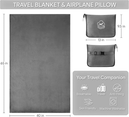 Travel Blanket, Soft 2-in-1 Airplane Blanket, 65x40 Inches, Travel Blanket Airplane Compact with Bag, Car Blanket with Luggage Sleeve & Backpack Clip (Light Grey)