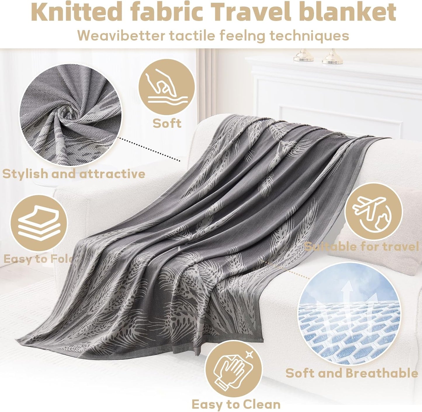 Travel Blanket Airplane - Ultra Soft & Lightweight Knit Design Compact Airplane Blanket,53x72 Inch,Stylish Travel Shawl Wraps for Flights,Office,Home Use,Travel Essentials & Gifts