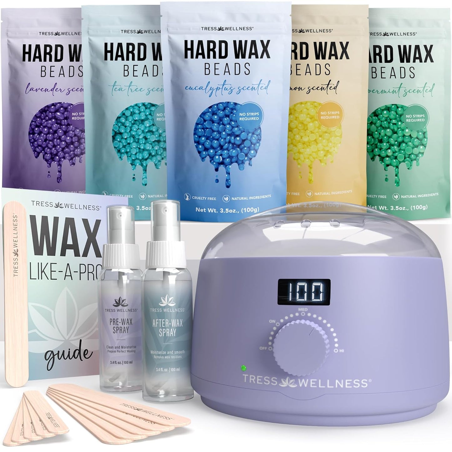 Tress Wellness Award Winning Waxing Kit for Sensitive Skin, Safe for Face & Skin, Easy to Use, At-Home Kit for Face, Bikini, Brazilian & Full Body - Digital Display, Black Purple Flower