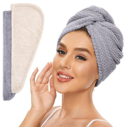 SimpleField 2 Pack Microfiber Hair Towel Wrap for Women, Anti Frizz Quick Drying Hair Turban for All Hair Style, Absorbent and Lightweight (Beige)