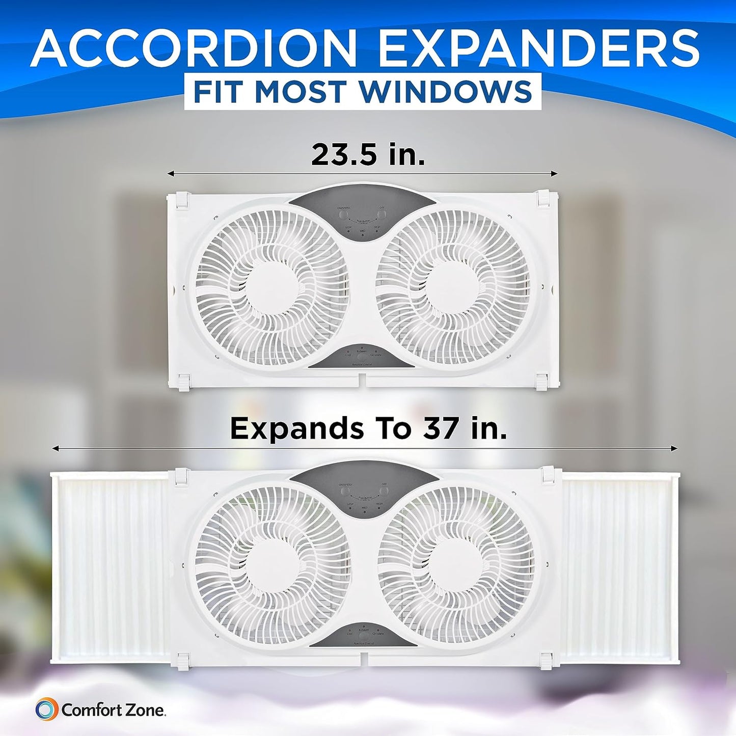 Comfort Zone Twin Window Fan with Reversible Airflow Control, 9 inch, Auto-Locking Expanders, 2 Speed Fan, Dual Fan, Exhaust, Airflow 9.84 ft/sec, Ideal for Home, Kitchen, Bedroom & Office, CZ319WT