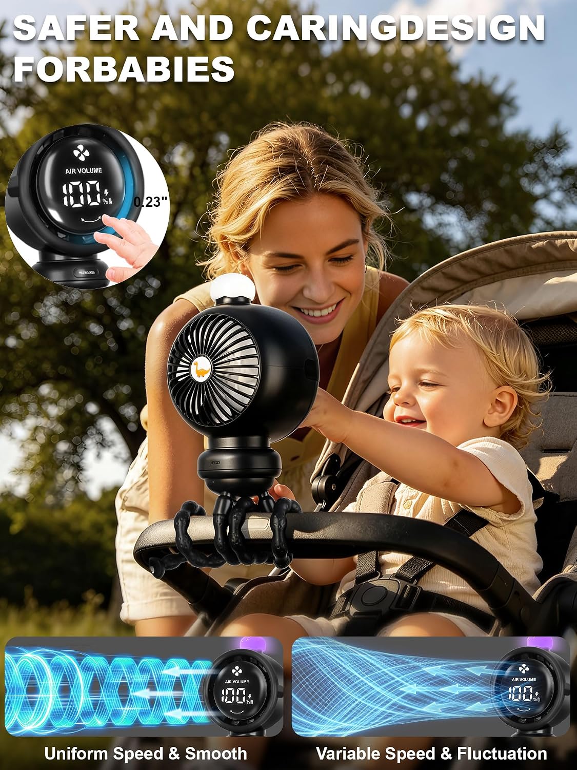 Portable Stroller Fan with 135° Auto Oscillation, 3-Color LED Night Light
