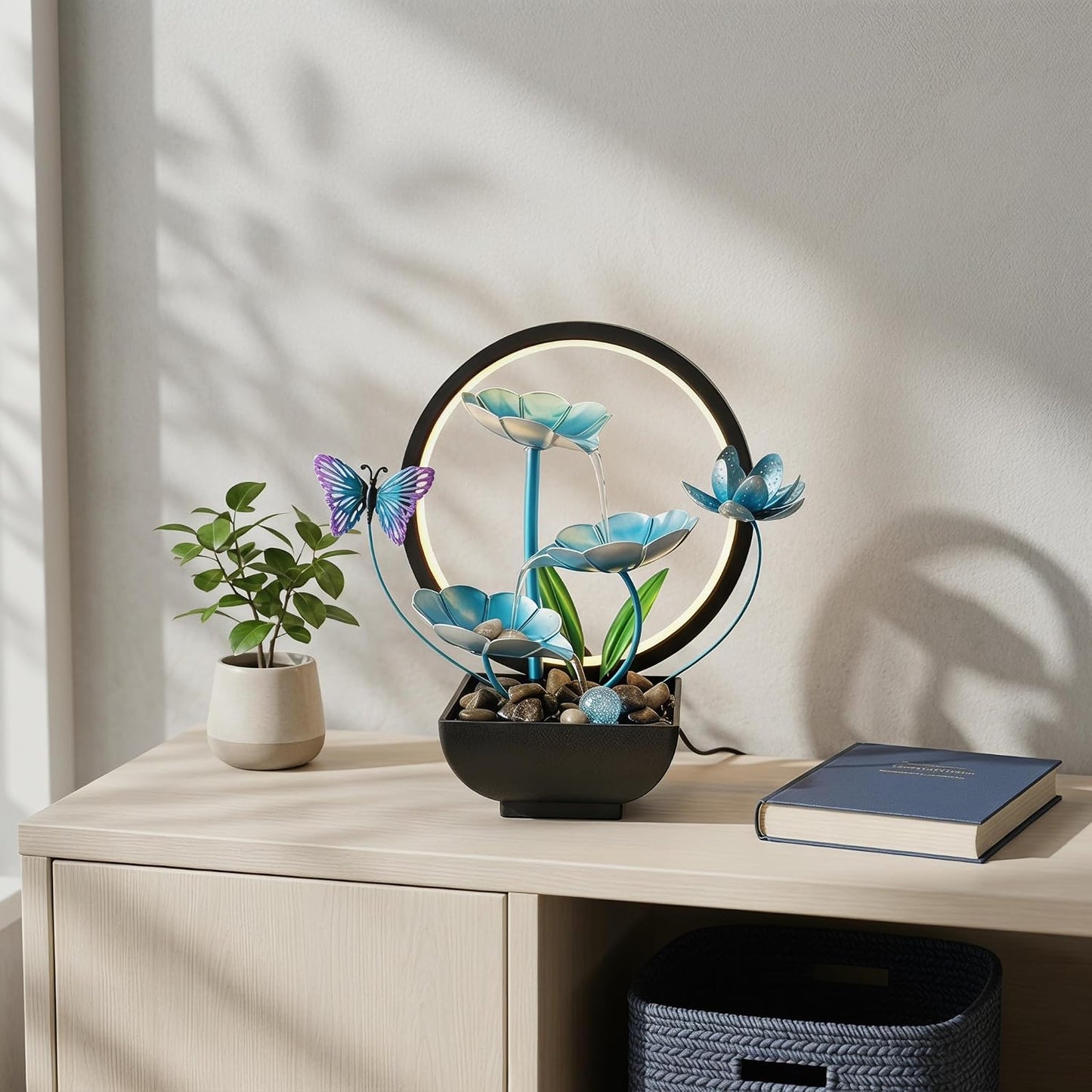 Tabletop Fountain,Indoor Water Fountain,Home Fengshui Décor Zen Relaxation Soothing Sound Machine for Office,Living Room,or Bedroom,Green Lotus,Hummingbird & Pink Flower,9.1inch