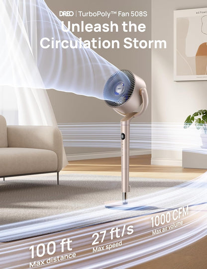 DREO Smart Fan for Bedroom, 120° +120° Omni-Directional Oscillating Fans, 100ft Quiet Pedestal Fan with RGB Light, 9 Speeds, 6 Modes, 20dB, 8H Timer, Wi-Fi/Voice/Alexa, 35-40" Floor Fans with Remote
