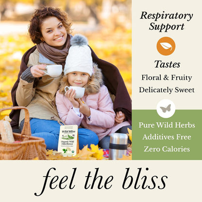 Wild Bliss Organic Elderflower Herbal Tea - Caffeine Free Elder Flowers Tisane - Pharmacopoeia Potency - 20 Plant Based Tea Bags