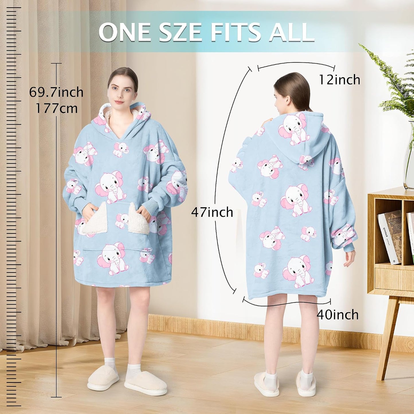 Touchat Wearable Blanket Hoodie, Oversized Sherpa Blanket Sweatshirt with Hood Pocket and Sleeves, Super Soft Warm Plush Hooded Blanket for Adult Women Men, One Size Fits All (Pink)