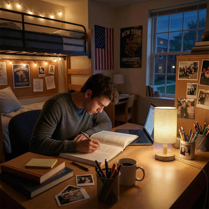 Touch Bedside Table Lamp - Stepless Dimming USB Powered, Minimalist Wood Base Linen Shade, 2700K Warm Light for Bedroom Nightstand Nursery Dorm Small Spaces, 5W LED 50K Hrs (No Bulb Replacement)