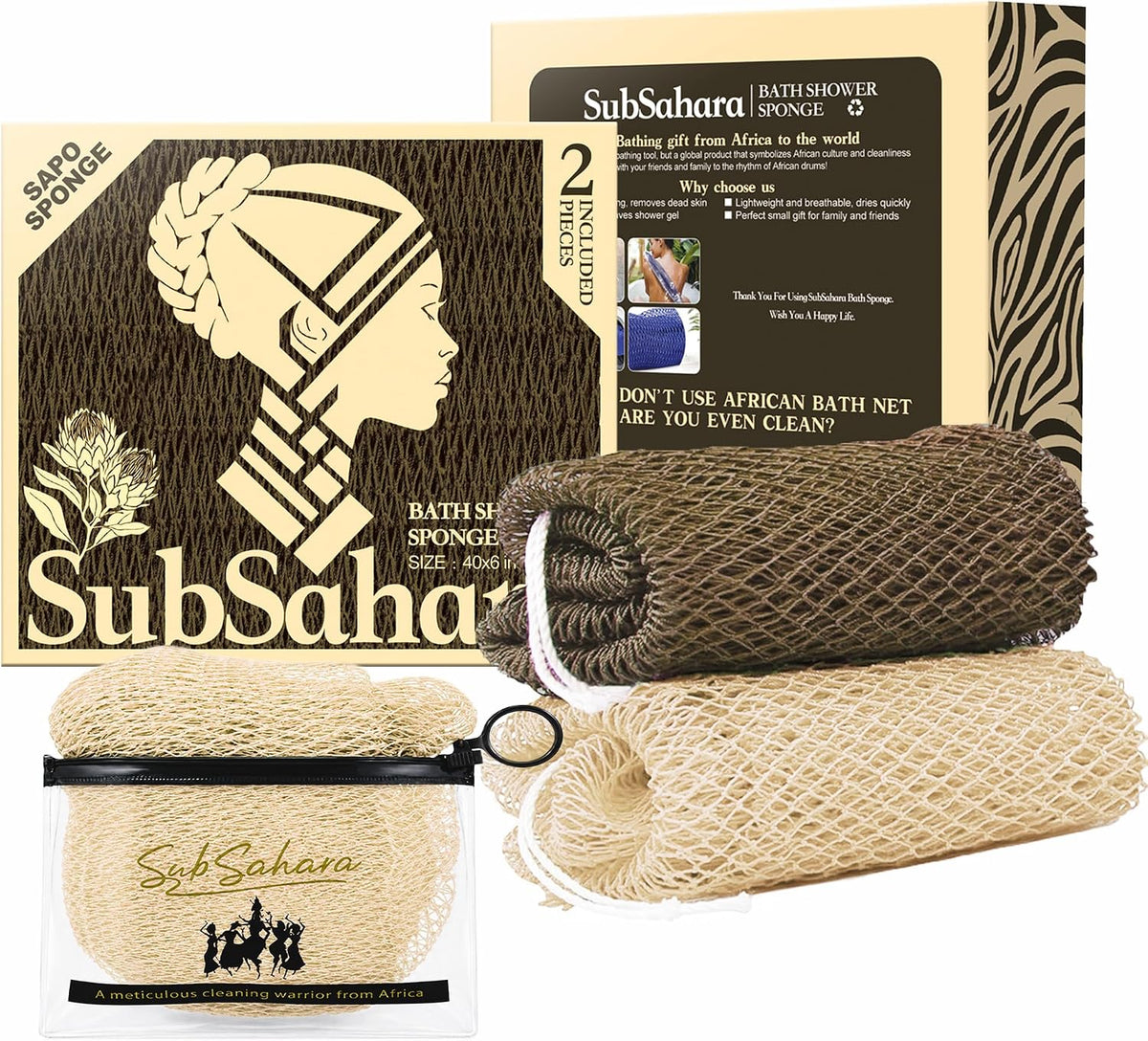 SubSahara African Net Sponge, 2 Pack 45-Inch Exfoliating Bath Scrubber