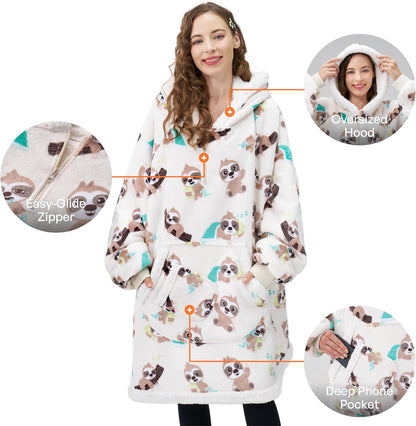 Giggling Getup Wearable Blanket Hoodie for Adults Gifts for Teen Girls Sister Women Sherpa Fleece Printed Hooded Blanket Sweatshirt Warm Cozy with Pocket & Sleeves Beige Cat