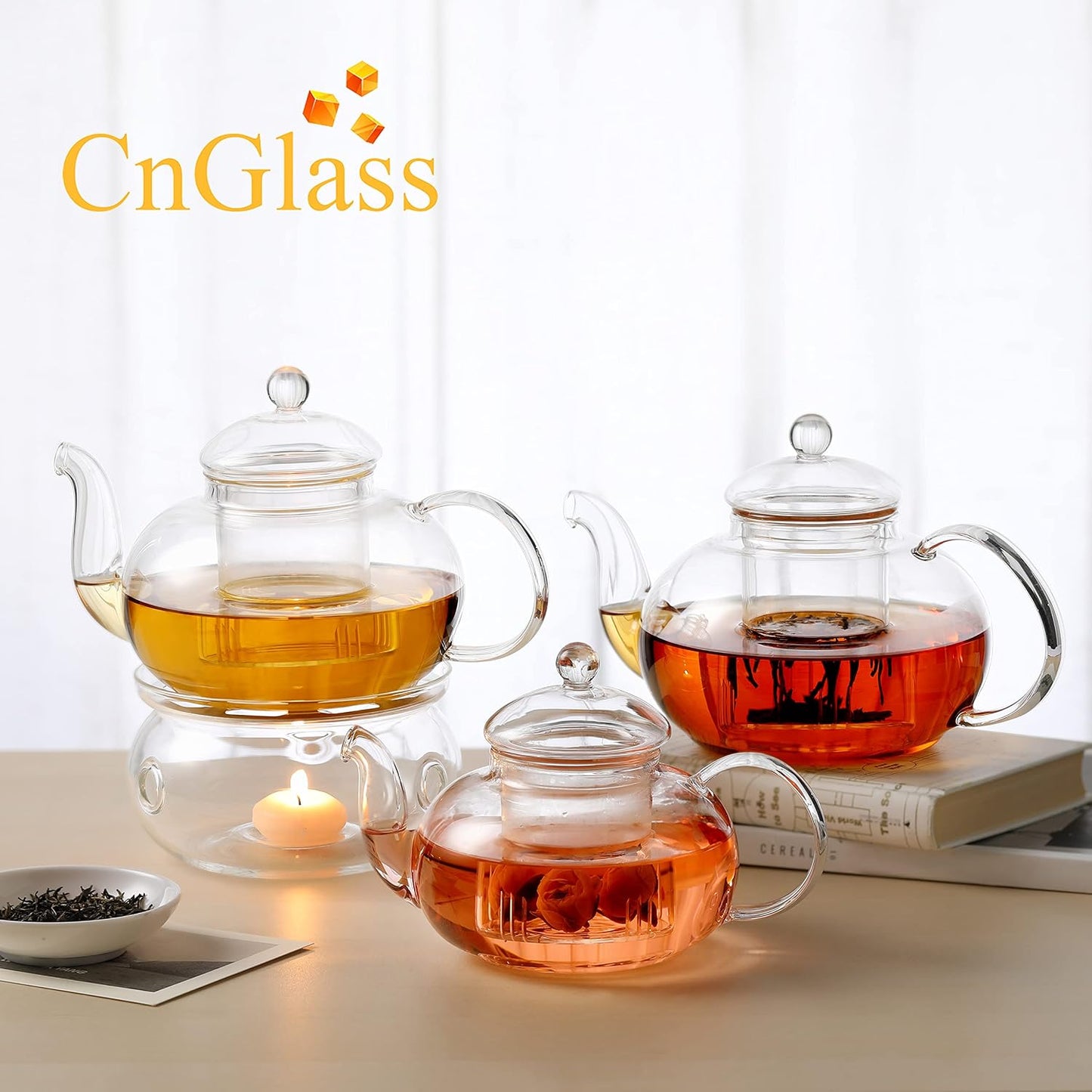 CNGLASS Glass Teapot Stovetop Safe,Clear Teapot with Removable Infuser 20.3 oz,Loose Leaf and Blooming Tea Maker