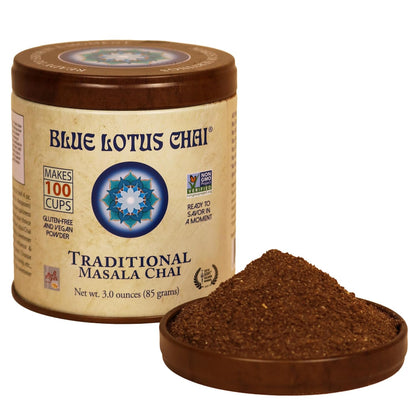 Blue Lotus Chai - Traditional Masala Chai - Makes 100 Cups - 3 Ounce Masala Spiced Chai Powder with Organic Spices - Instant Indian Tea No Steeping - No Gluten