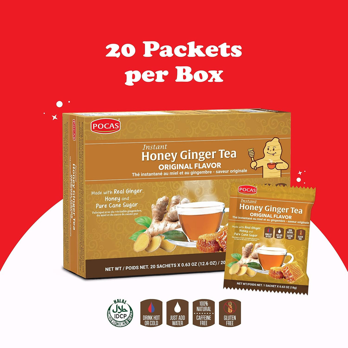 Pocas Honey Ginger Instant Tea Powder 2-Pack with Ginger Extract & Real Honey, Caffeine-Free Tea, 20 Packets per Box