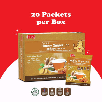 Pocas Honey Ginger Instant Tea Powder 2-Pack with Ginger Extract & Real Honey, Caffeine-Free Tea, 20 Packets per Box