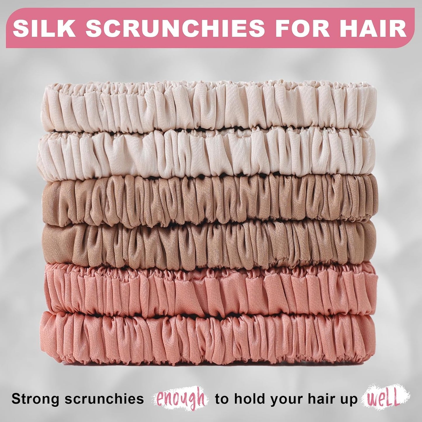 6Pcs Silk Hair Ties 100% Pure Mulberry Silk Scrunchies for Women Girls | No Hair Crease, Anti Frizz, Gentle Hold, No Damage, Black Brown Pink