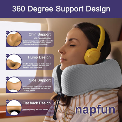 napfun Neck Pillow for Traveling, Upgraded Travel Neck Pillow for Airplane 100% Pure Memory Foam Travel Pillow for Flight Headrest Sleep, Portable Plane Accessories, Light Grey