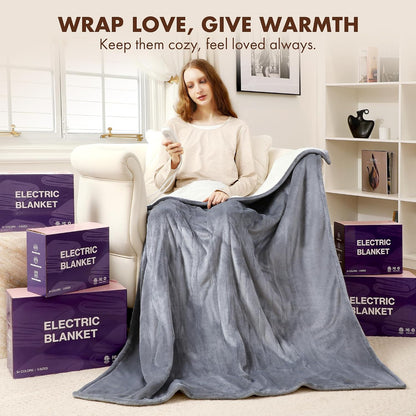 Heated Blanket Throw 50" x 60" - Soft Flannel Sherpa Electric Blanket Throw with 5 Heating Levels & 4 Hours Auto Off, Machine Washable, Ideal Gift for Grandma (Purple)