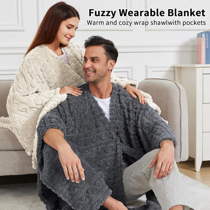 Wearable Blanket Poncho Cape Wrap for Adult, Cozy Sherpa Fleece Pocketed Shawl TV Throw Blankets for Office and Lounge(Purple,58'' x 64'')