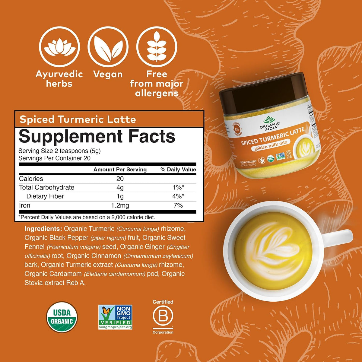 ORGANIC INDIA Spiced Turmeric Latte Powder, Golden Milk Mix, Vegan, 3.52 Oz