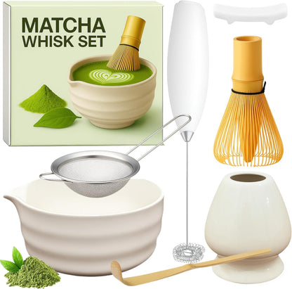 Matcha Whisk Set with Matcha Bowl - Matcha Set Included Electric Frother, Bamboo Whisk, Matcha Spoon, Bamboo Holder, Sifter, Spoon Stand (Mottled Green)