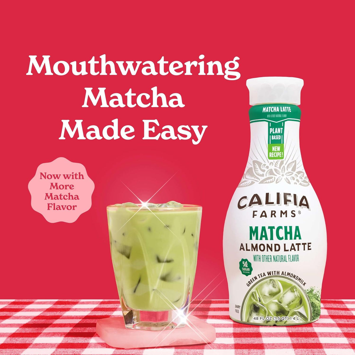 Califia Farms - Matcha Almond Latte, 48 oz, Dairy Free, Almond Milk, Plant Based, Vegan, Gluten Free, Non GMO, Green Tea