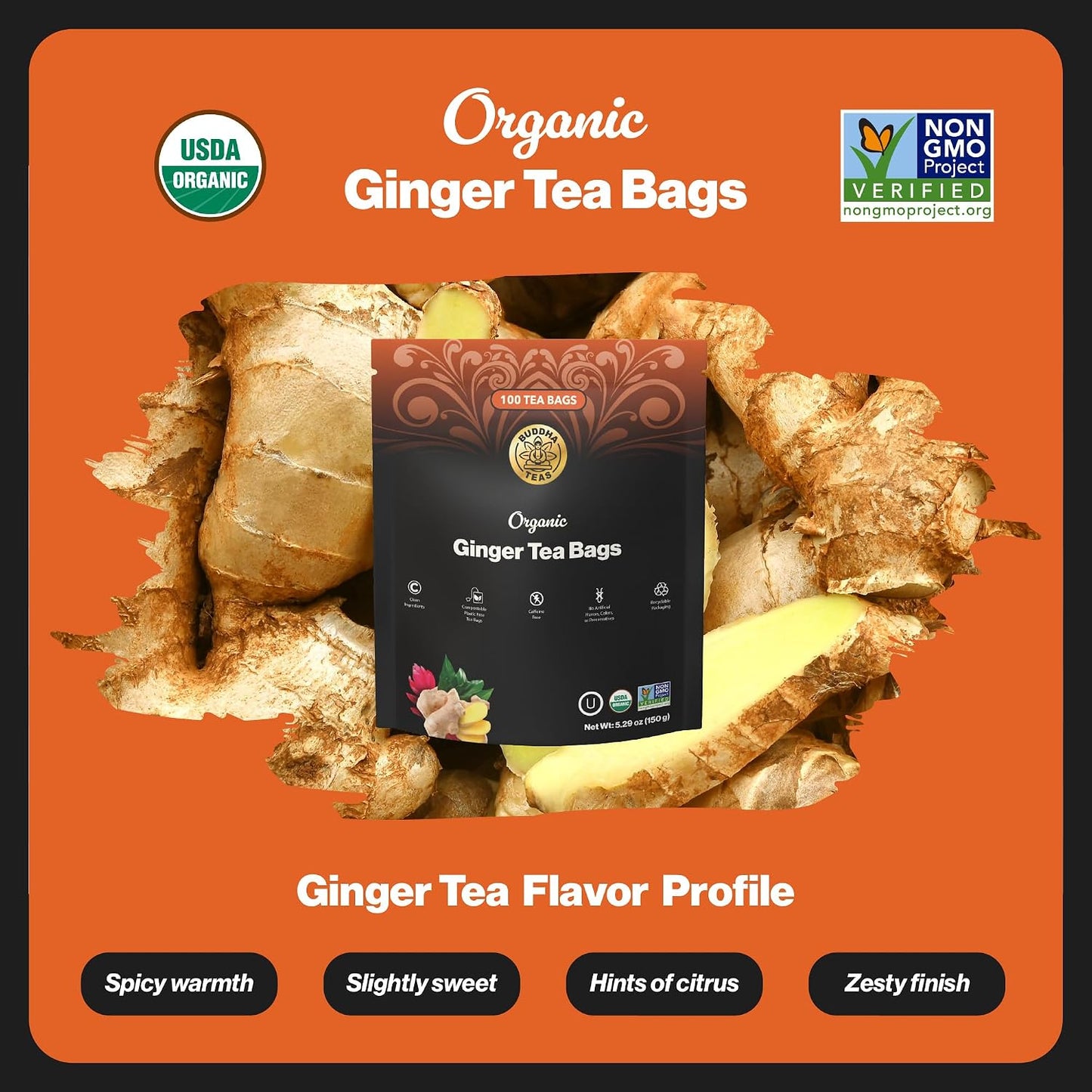 Buddha Teas - Organic Turmeric Ginger Tea - Herbal Tea - Earthy, Mildly Spicy Taste & Sweet Undertones - Enjoy Hot or Cold - Caffeine Free - 100% Kosher & Non-GMO - 18 Tea Bags (Pack of 1)