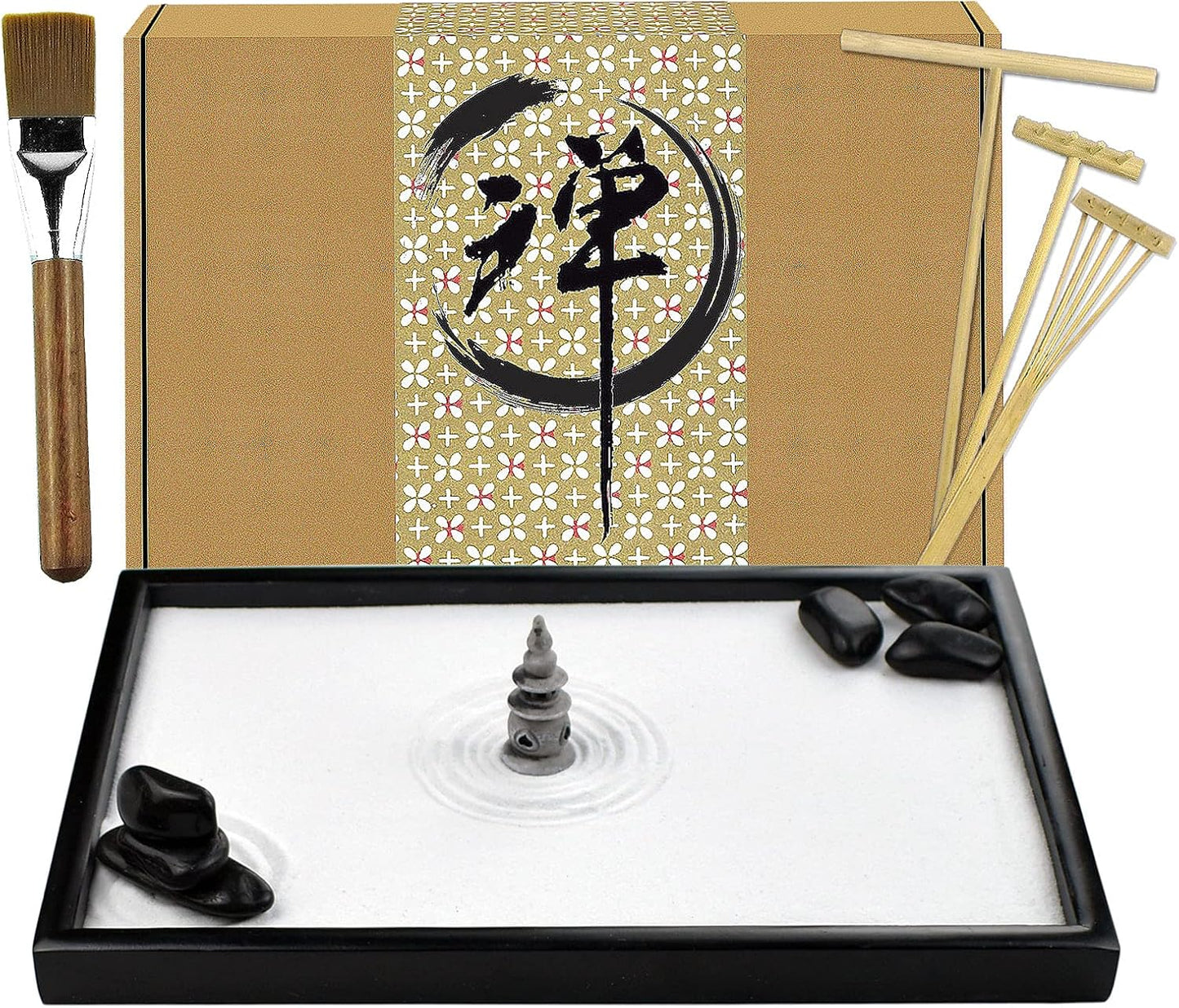 Artcome Japanese Zen Sand Garden for Desk with Rake, Stand, Rocks and Mini Furnishing Articles - Office Table Accessories, Mini Zen Sand Garden Kit - Meditation Gifts
