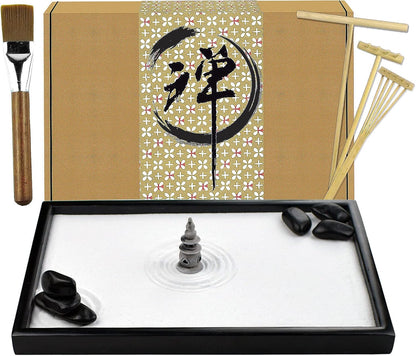 Artcome Japanese Zen Sand Garden for Desk with Rake, Stand, Rocks and Mini Furnishing Articles - Office Table Accessories, Mini Zen Sand Garden Kit - Meditation Gifts