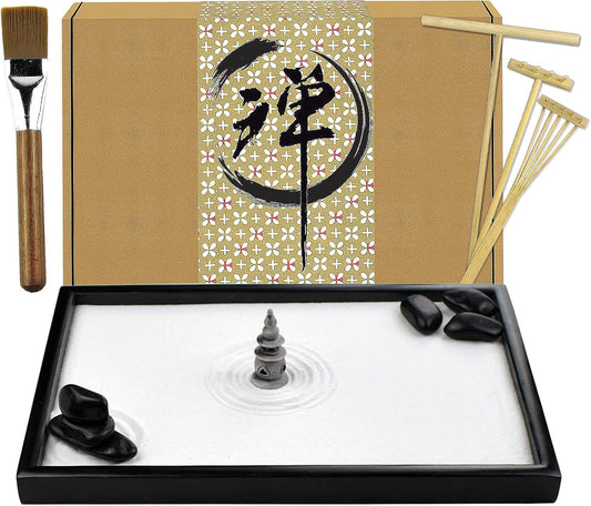 Artcome Japanese Zen Sand Garden for Desk with Rake, Stand, Rocks and Mini Furnishing Articles - Office Table Accessories, Mini Zen Sand Garden Kit - Meditation Gifts