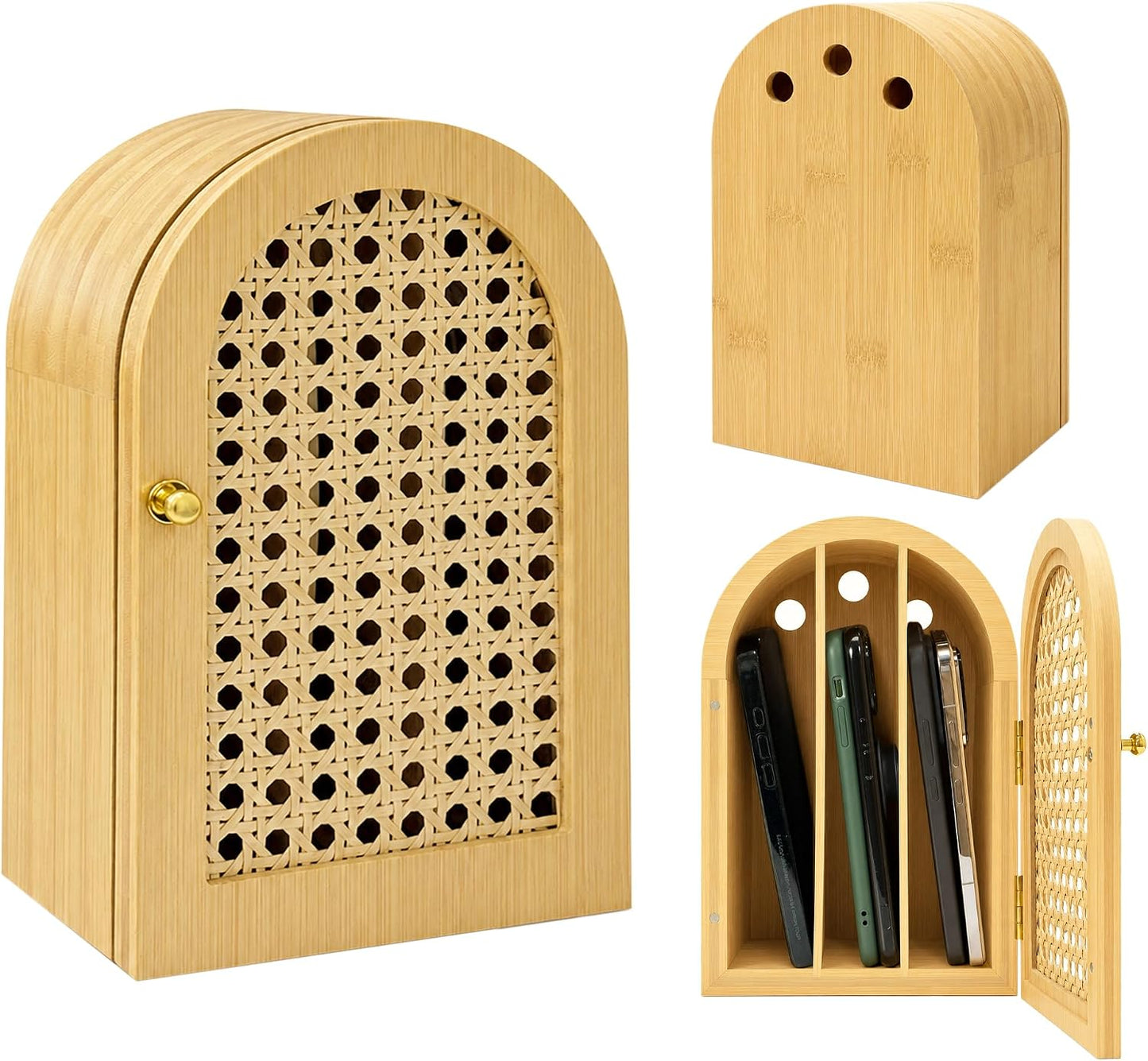Bamboo Phone Box, Premium Cell Phone Box for Family Time, Cell Phone Jail with Charging Holes,Phone Lock Box Holds 6 Phones (Oak)