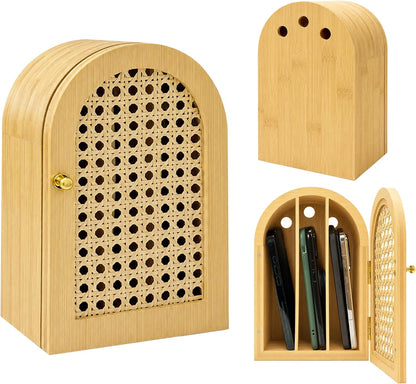 Bamboo Phone Box, Premium Cell Phone Box for Family Time, Cell Phone Jail with Charging Holes,Phone Lock Box Holds 6 Phones (Oak)