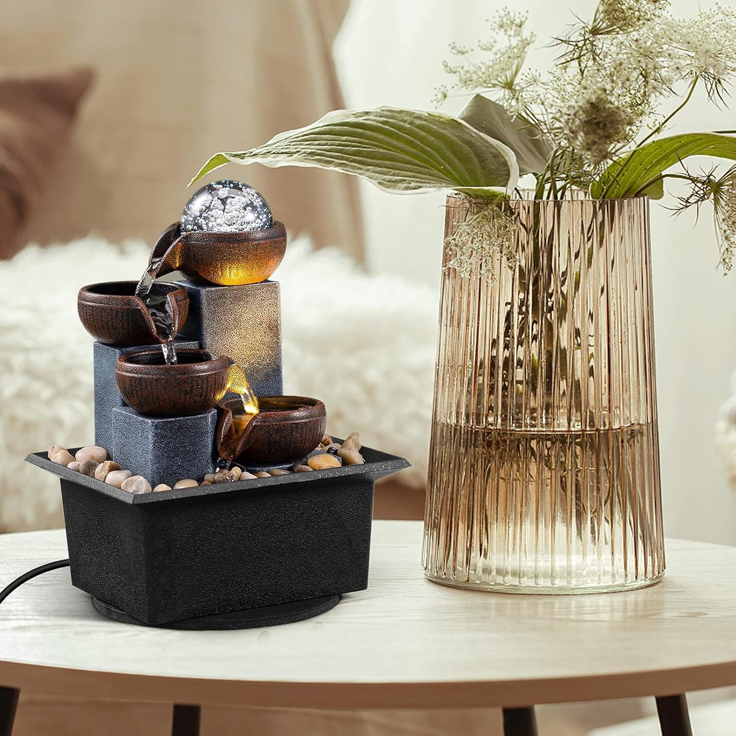 Tabletop Fountain 4 Level Tabletop Waterfall Indoor Meditation Fountain Office Home Relax Desktop Waterfall Includes Many Natural River Rocks LED Lights Bubble Ball Great Choice as Festival Gifts