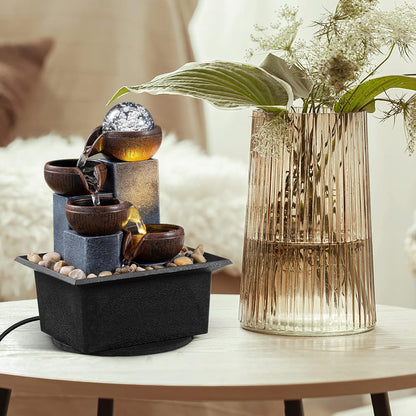 Tabletop Fountain 4 Level Tabletop Waterfall Indoor Meditation Fountain Office Home Relax Desktop Waterfall Includes Many Natural River Rocks LED Lights Bubble Ball Great Choice as Festival Gifts