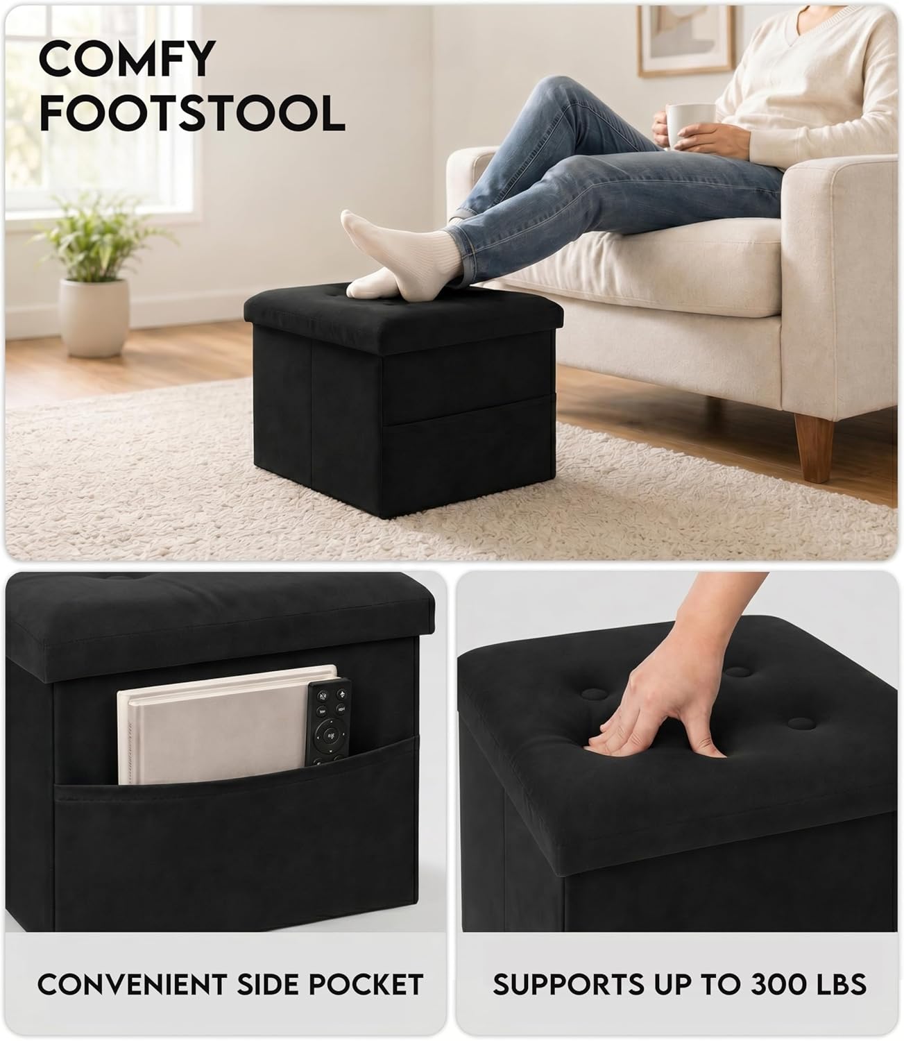 Zoes Homeware Small Storage Ottoman Foot Rest, Velvet Ottoman with Storage and Side Pocket, Black Foot Rest for Couch, Foldable Footstool for Chair, Living Room&Dorm, 16"x12"x12"