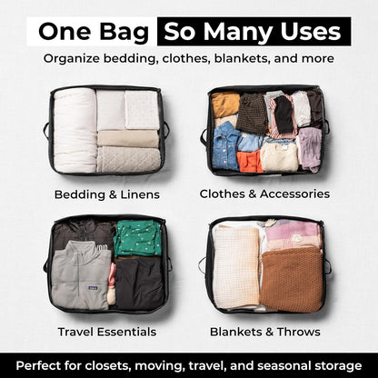 Soft Canvas Storage Bags with Zipper. Thick Breathable, 2pc King/Queen Comforter Organizer. Four Carrying Handles and Window. Large 25x19x9in Bag for Sheets Blankets Bedding Pillows, Clothes