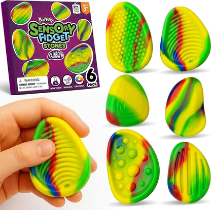 BUNMO Fidget Toys - Fidget Stones Sensory Toys – 6pk Pastel | Silicone Worry Stones for Kids Ages 3+ | Portable, Textured, Quiet Sensory Stones for Hands-On Play