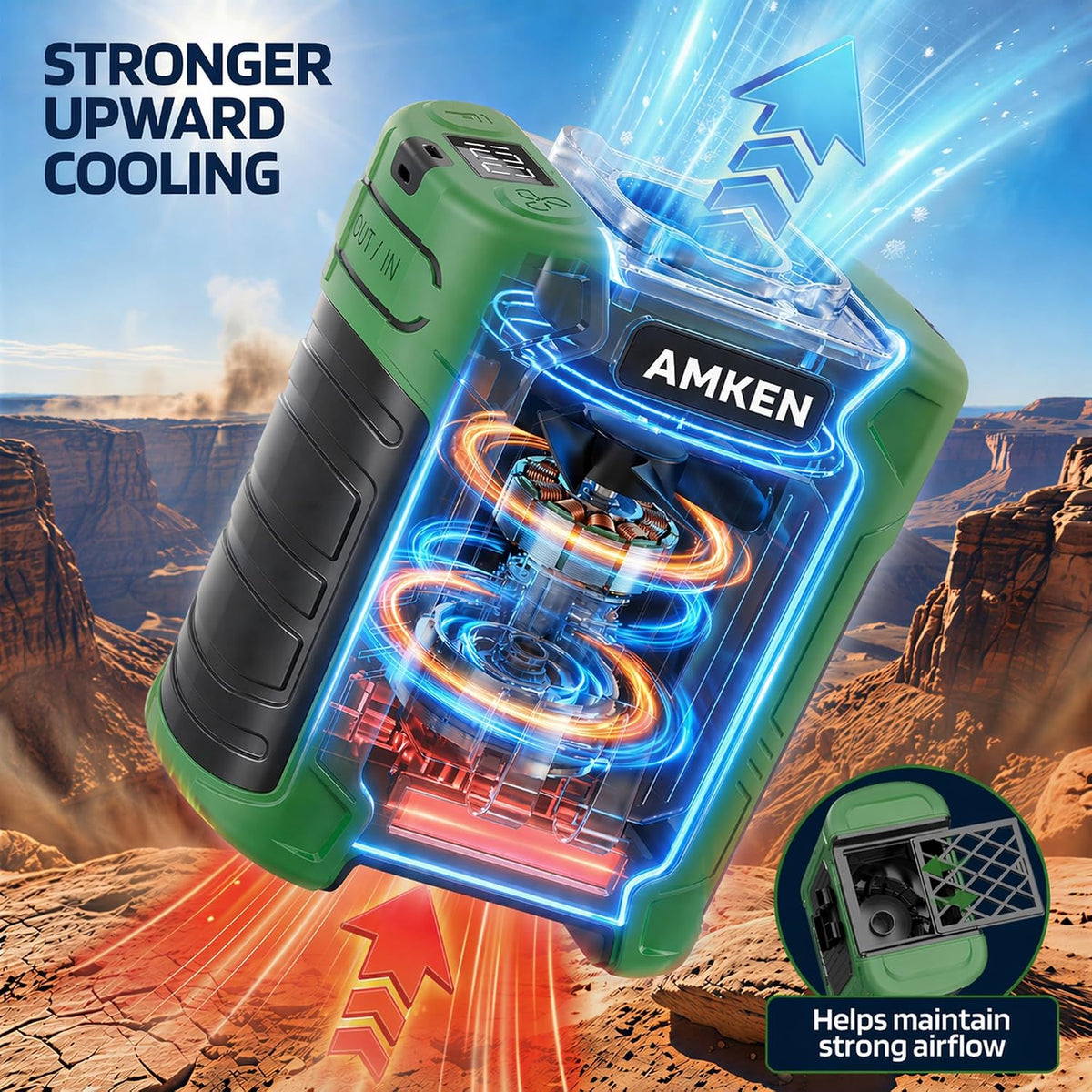 AMKEN Waist Fan, 10000mAh Rechargeable Belt Clip Fan, 59ft/s Airflow, 6-Speed 19000RPM Wearable Cooling with Bottom Air Intake, LED SOS Warning Light, Charge 2 Phones for Jobsite Camping