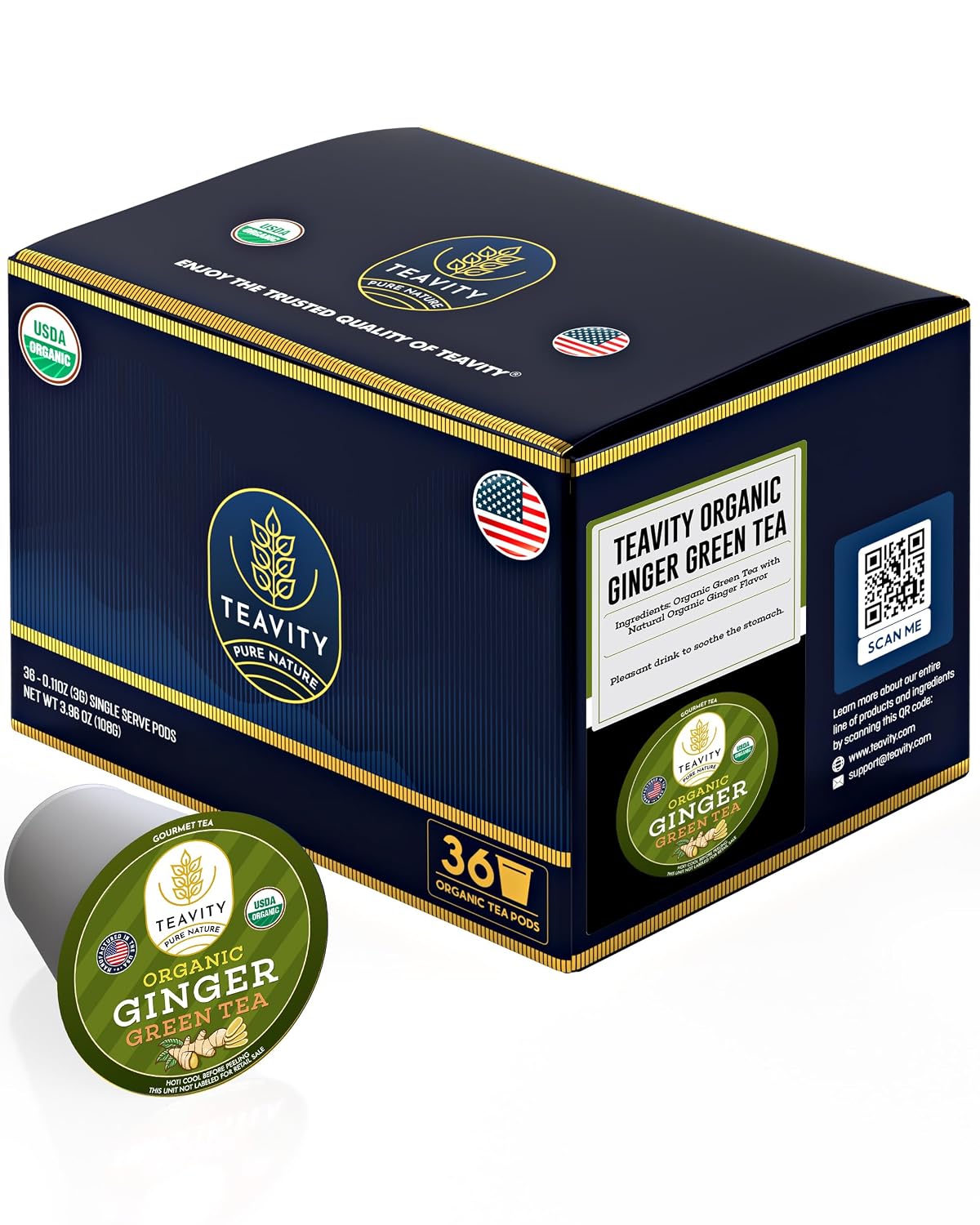 Green Tea & Ginger Tea Pods for Keurig - Caffeinated, Organic, Dye Free, Unsweetened, Herbal Blend for K Cup Machines - Hot or Iced (12 Tea Pods)