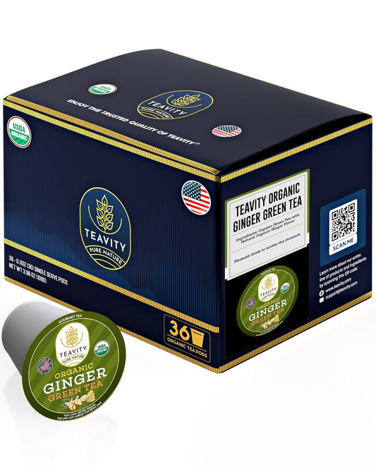 Green Tea & Ginger Tea Pods for Keurig - Caffeinated, Organic, Dye Free, Unsweetened, Herbal Blend for K Cup Machines - Hot or Iced (12 Tea Pods)