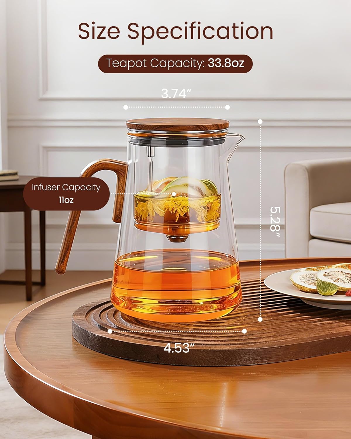 ZENS Magnetic Tea Pot, Enchanted Glass Teapot with Infuser and Magnetic Suction Lid for Mess-Free Loose Tea Diffusers, Walnut Wood Handle, Tea Lovers Gifts