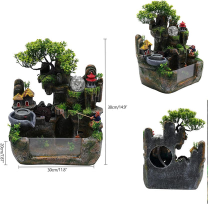 Mini Artificial Bonsai Tree Waterfall Fog Feature Rock Tabletop Fountain | 11in Desktop Decor Waterfall Fountain W/ Water Pump& Atomizer&LED Lights &Fake Tree Office Bedroom Relax