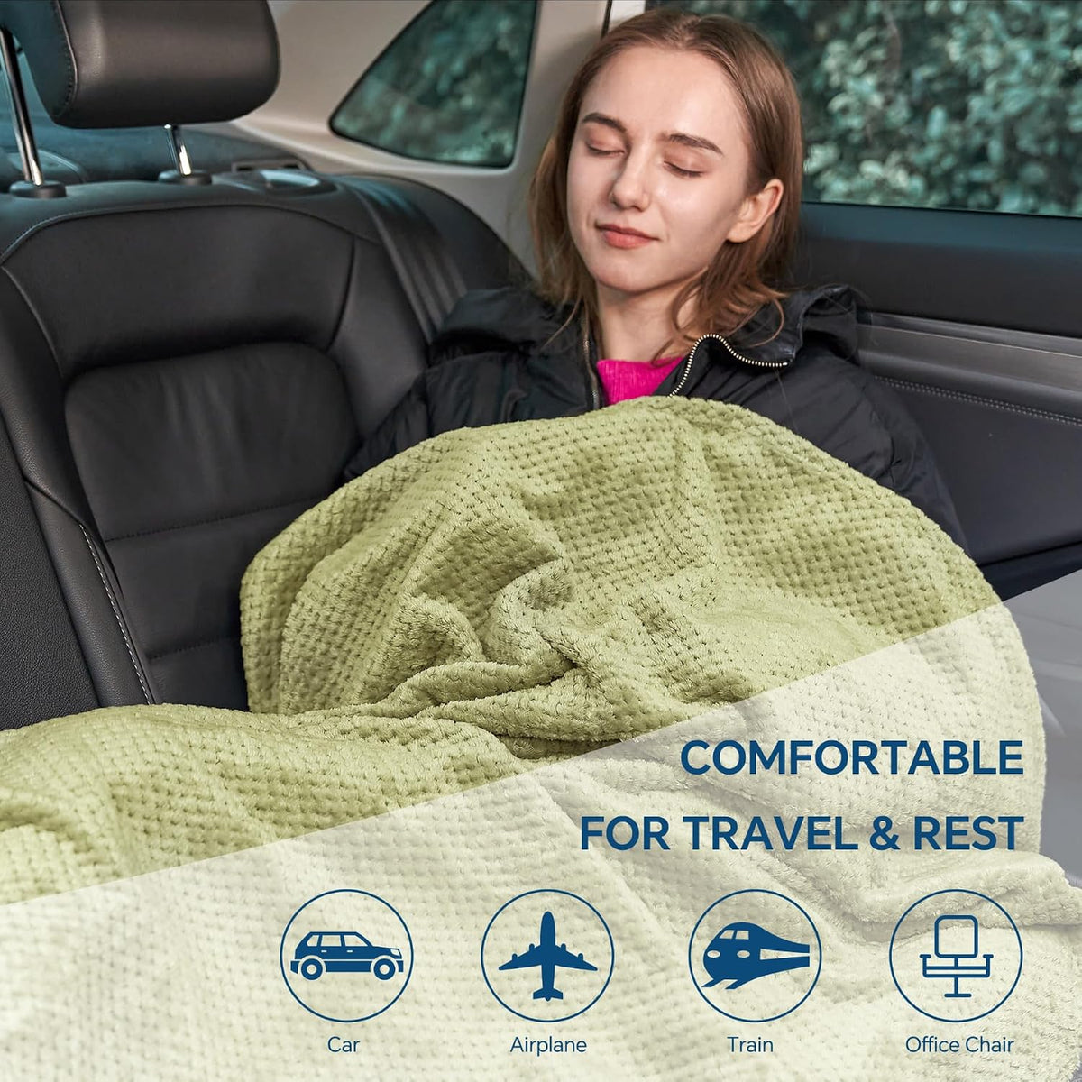 BEDELITE Travel Blanket with Bag, Jacquard Fleece Blanket 65"x40", Blue