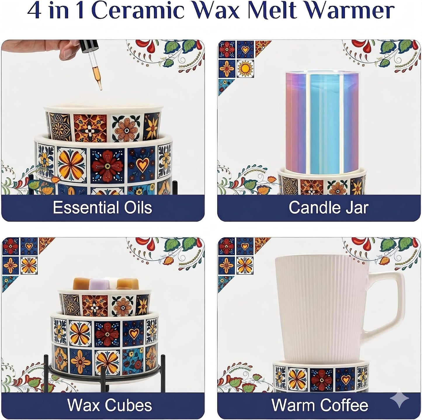 NAFANG Blue & White Porcelain Pattern Wax Melt Warmer,Ceramic 3-in-1 Electric Candle Wax Warmer for Scented Wax Melter Oil Burner for Home Office Bedroom Gift & Decor (with KD Iron Shelf)